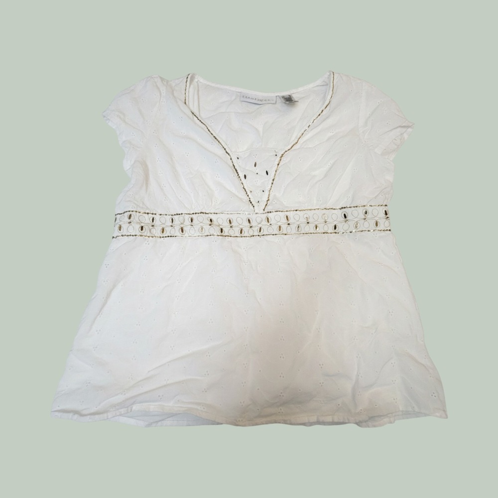 First Issue Liz Claiborne White Eyelet Blouse XL Gold Sequin Empire Waist Top